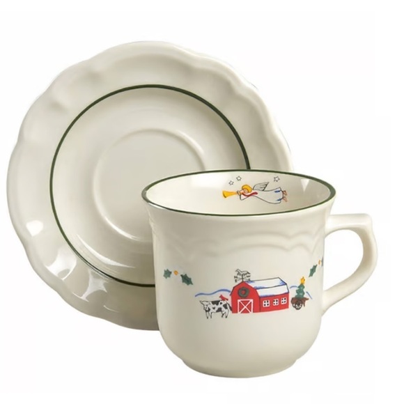 Pfaltzgraff Snow Village Flat Cup & Saucer Coffee Tea Angel Farmhouse Set of 2 - Picture 2 of 6
